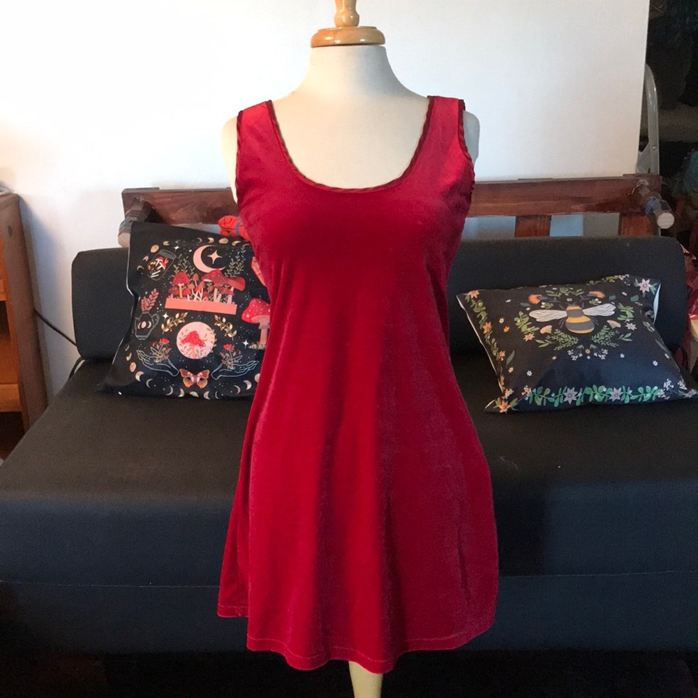 Red velour dress with satin trim